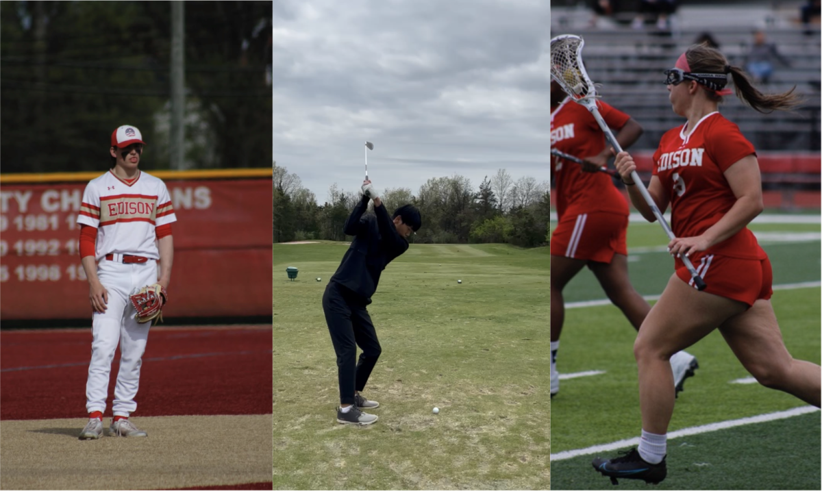Connor Murphy '26 stands on the baseball diamond, waiting to make his next move (left). Ryan Lin '25 prepares to drive his golf ball towards the green (middle). With the ball in her possession, Katherine Kovalchuk  '26 skillfully maneuvers to score another goal for EHS (right). 